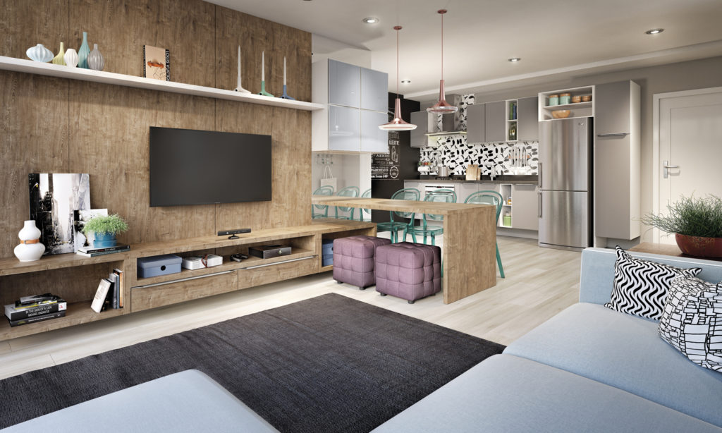 Sala de estar planejada sob medida Lojas Veneza conjugado com cozinha planejada sob medida